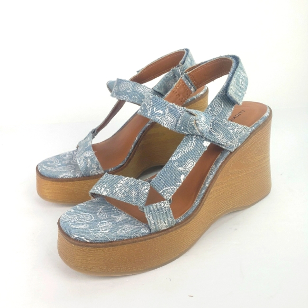 Lucky Brand Demmia wedge platform wood sandal shoe strappy printed denim new 9
